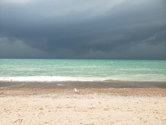 brown sand beach under gray sky in Grand Bend Canada