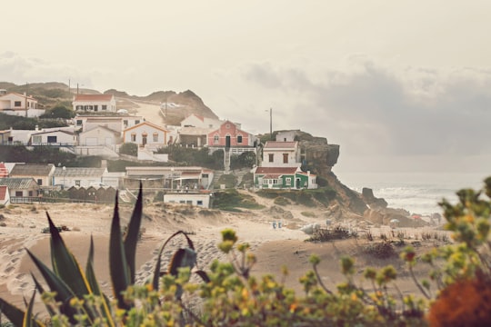 people walking on beach shore near houses during daytime in Aljezur Portugal