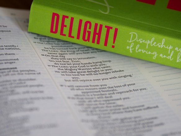 An open Bible lies on a surface, with the pages in focus. Resting on top is a bright green book titled 'DELIGHT!' in bold pink letters. The book cover includes cursive white text that reads 'Discipleship as a Way of Loving and...' The composition highlights religious and inspirational themes.