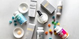 A collection of wellness supplements arranged aesthetically.