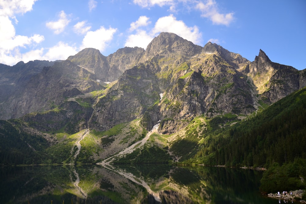 montagna verde e marrone accanto al lago sotto il cielo blu durante il giorno