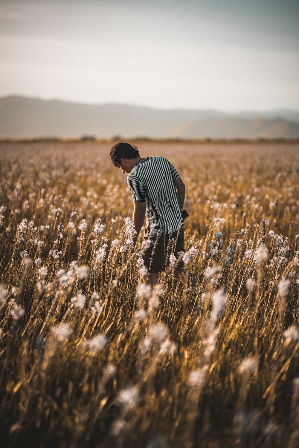 uomo in camicia a quadri blu e bianca che cammina sul campo di erba marrone durante il giorno