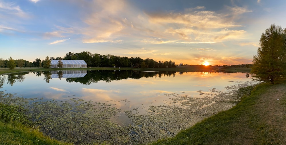 body of water near green grass field during sunset