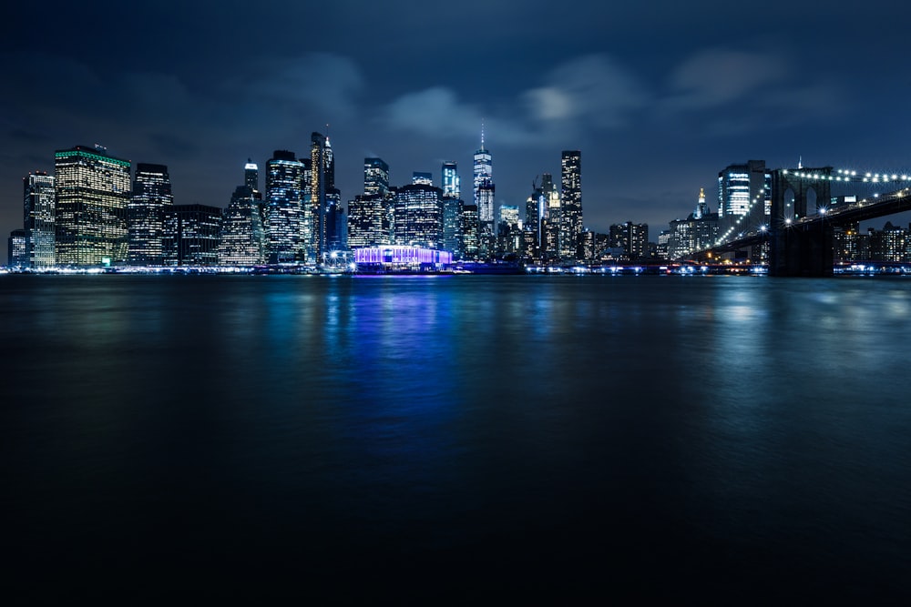 city skyline during night time