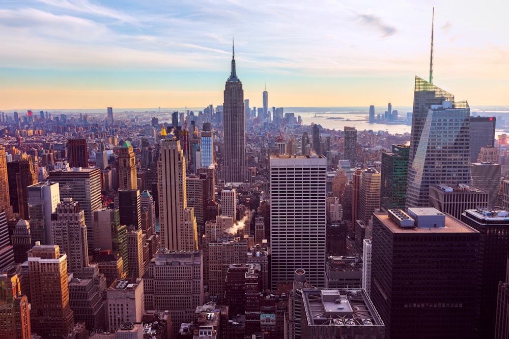 aerial view of city buildings during sunset