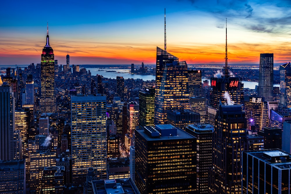 aerial view of city buildings during night time