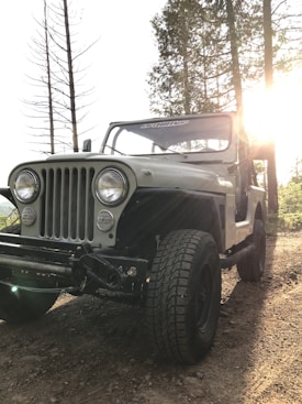 A rugged off-road vehicle with a classic design is parked on a dirt path surrounded by tall trees. Sunlight streams through the foliage, casting a warm glow on the scene. The vehicle's headlights and distinctive grille are prominent features.