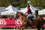 A person riding a brown horse during an equestrian event, wearing a helmet and riding gear. White tents and spectators are visible in the background, indicating a public setting.
