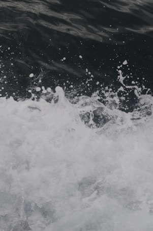 Waves crashing in a dynamic display, with white frothy water at the forefront and darker, more serene water in the background.