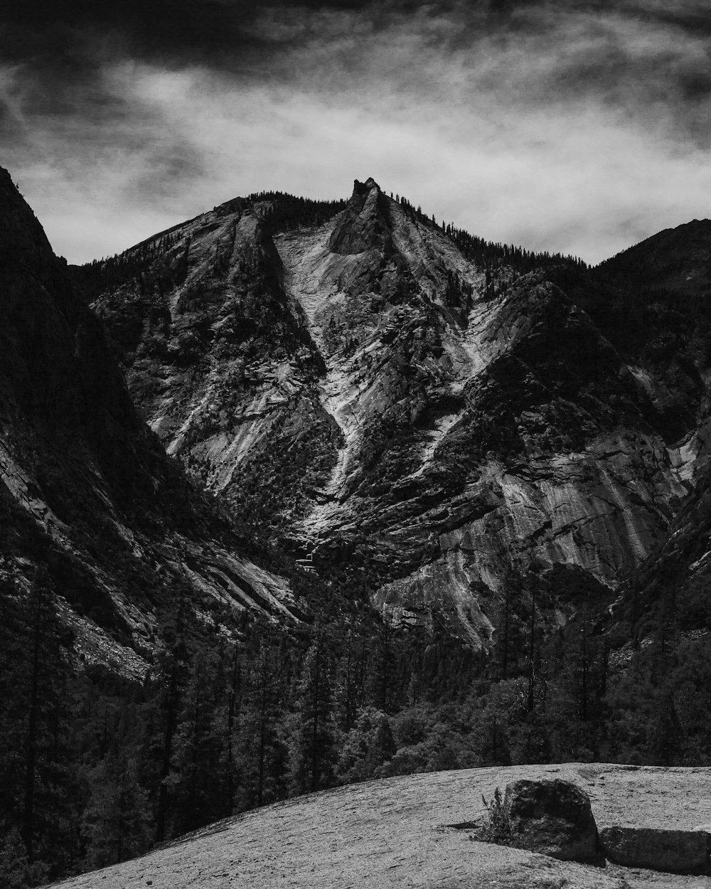 grayscale photo of rocky mountain