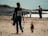 A person with a patterned backpack walks alongside a small brown dog on a sandy beach. The person carries a blue dog toy and wears casual clothing. In the distance, there are blurred figures of other people along the shoreline and rocky areas.