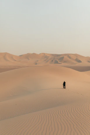 A cinematic shot of Monika walking thoughtfully near Angkor Wat, soft sand hues blending with the ancient stone.