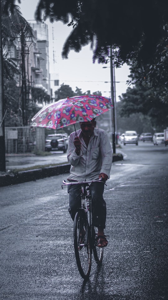 man in gray jacket riding bicycle with umbrella on road during daytime in Vadodara India