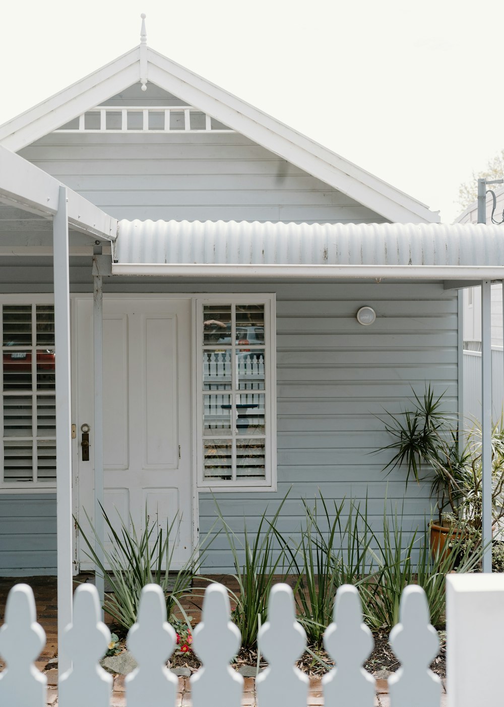 white wooden house with green plants