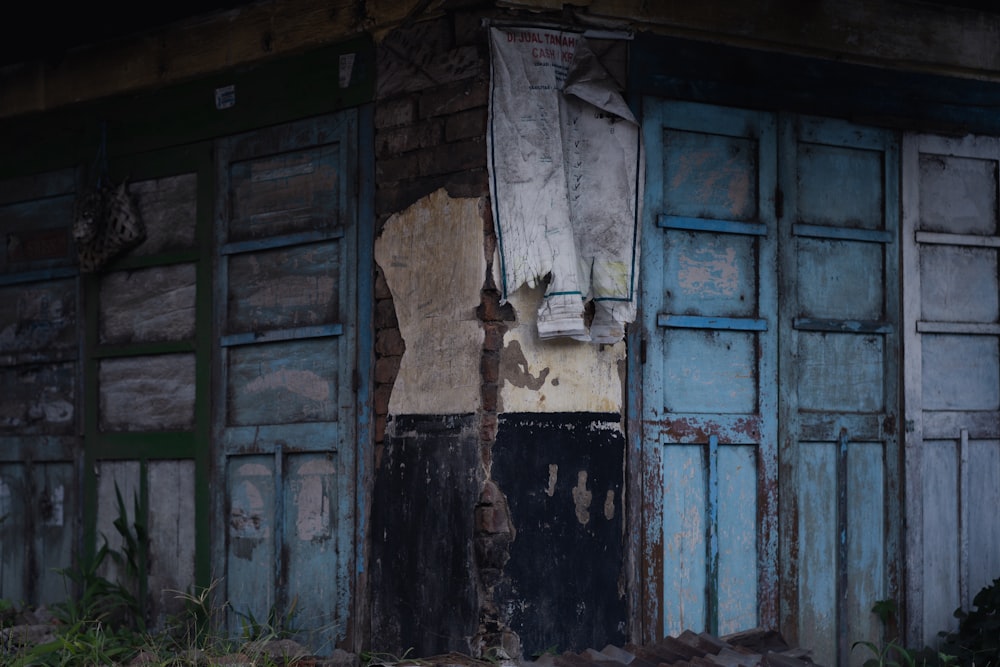 blue wooden door with white and brown bird on top