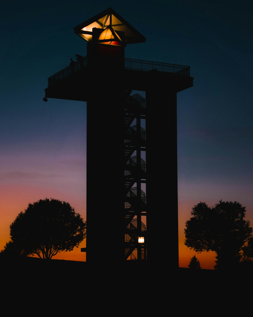 silhouette of trees and light post during sunset