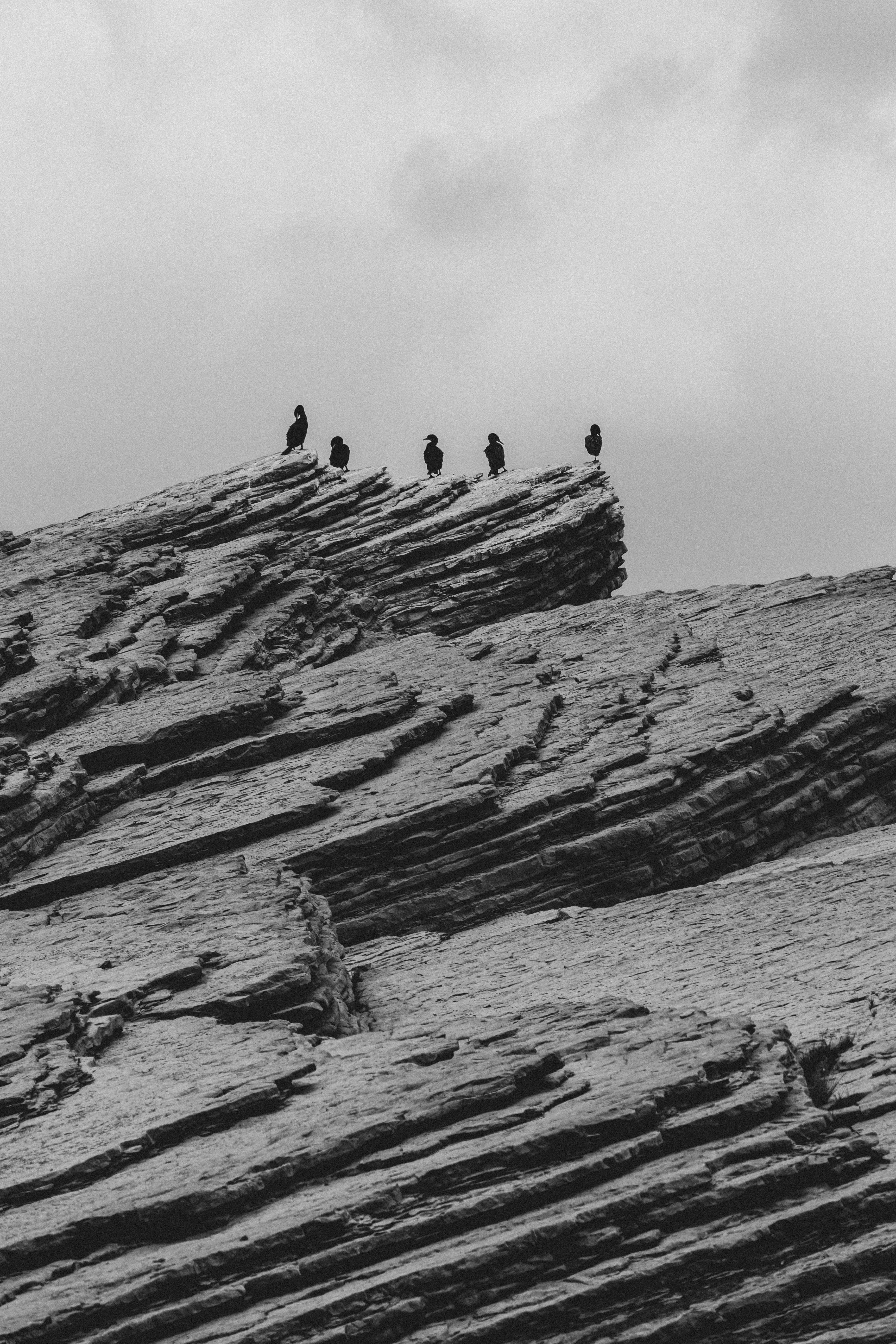 Graustufenfoto einer Felsformation in der Nähe von Gewässern