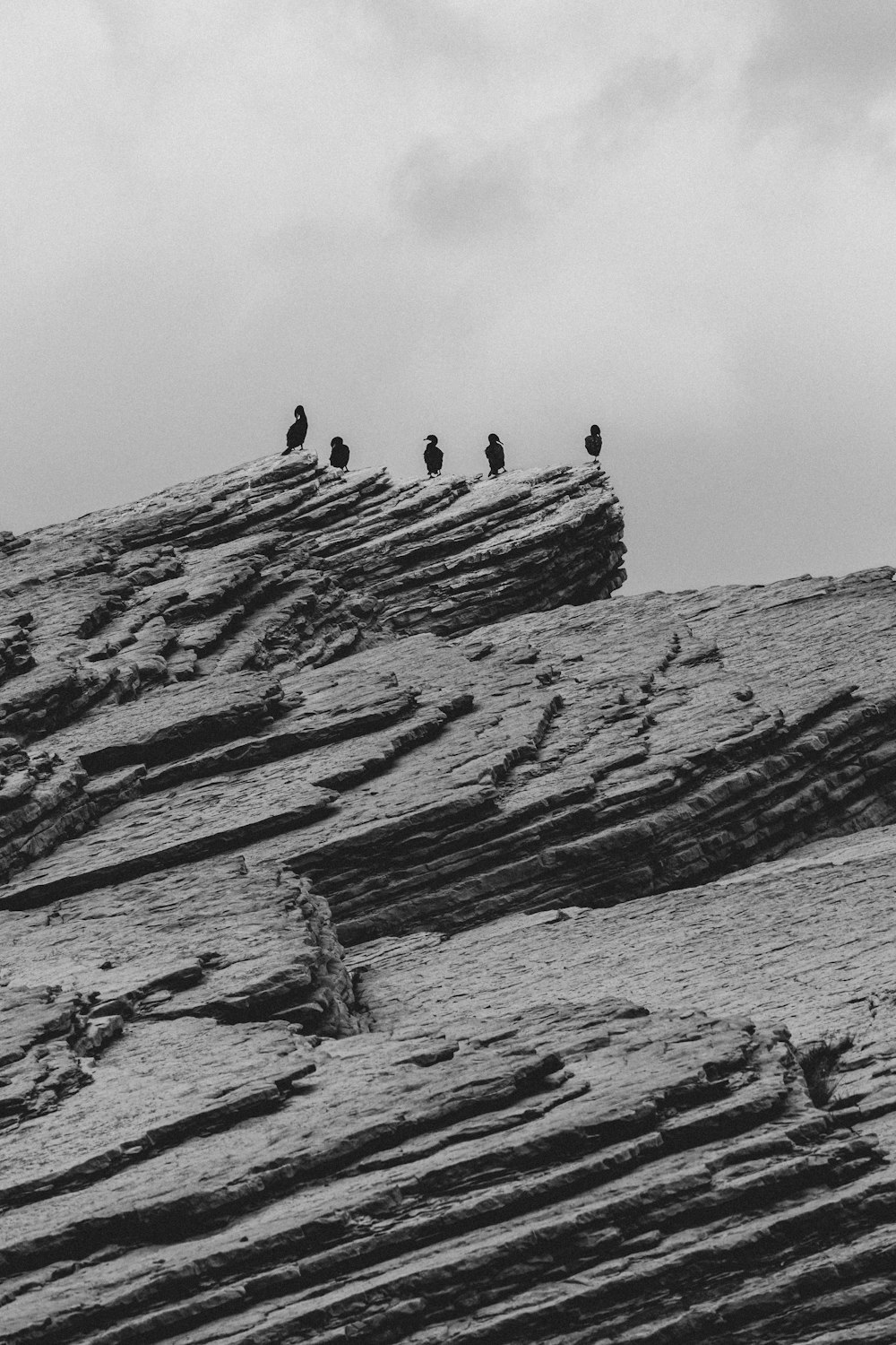 grayscale photo of rock formation near body of water