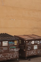 Two garbage dumpsters covered in various graffiti are positioned against a beige wall. The dumpsters have rusted metal lids and wheels, with faded stickers and caution signs visible. The wall behind them has some peeling paint and stains.
