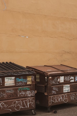 Two garbage dumpsters covered in various graffiti are positioned against a beige wall. The dumpsters have rusted metal lids and wheels, with faded stickers and caution signs visible. The wall behind them has some peeling paint and stains.