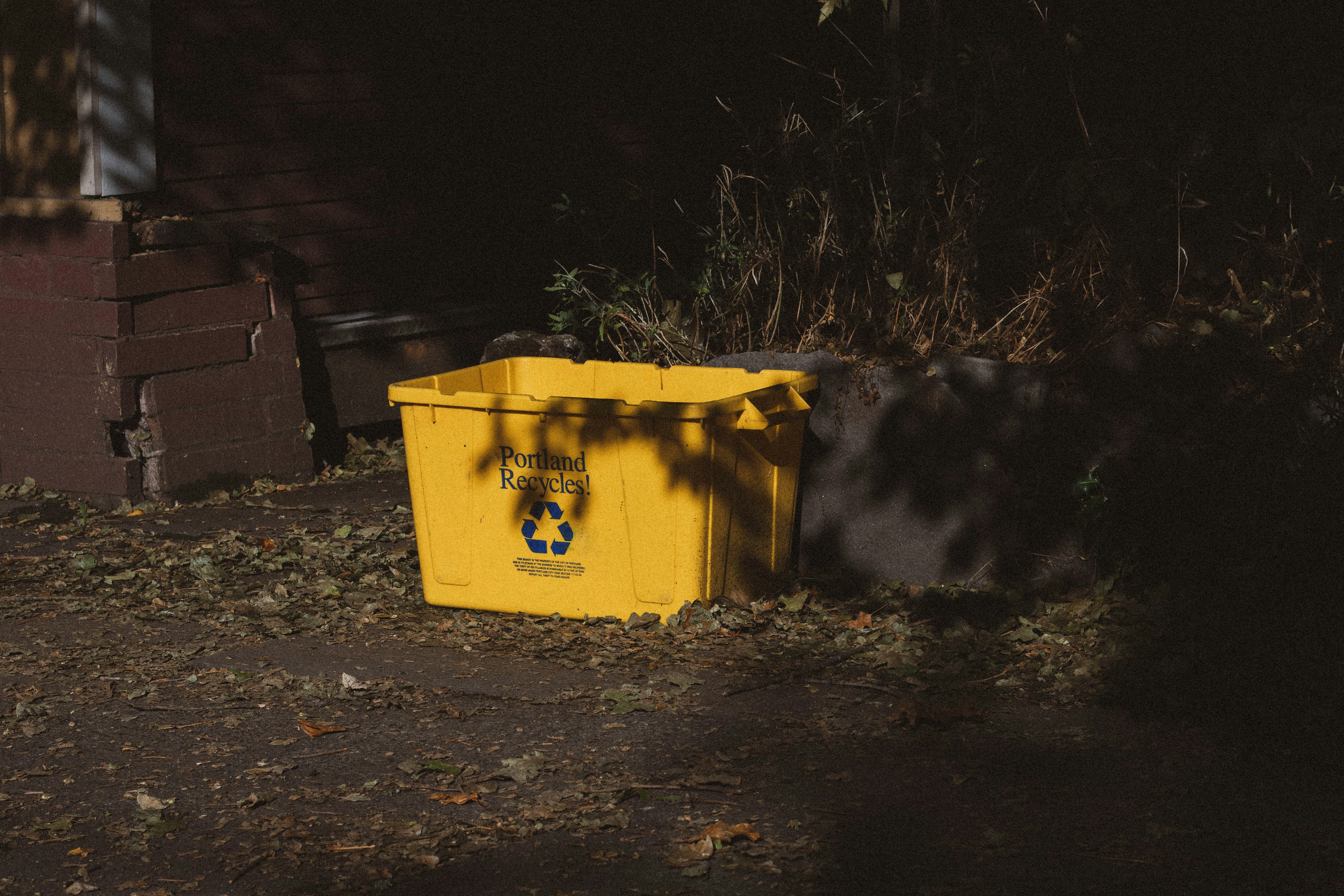 Yellow garbage bin beside green plant photo Free Portland Image on