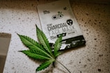 A package of CBD hemp charcoal face mask lies on a speckled countertop surface. Next to the package is a green leaf with a serrated edge, resembling a cannabis leaf.