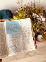 An open book filled with handwritten notes and sticky notes. The book is likely a Bible, with annotations and highlighted sections. In the background, there is a blurred view of decorative plants with leaves in shades of green and brown.