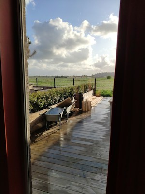 A wooden deck overlooks a green field with a partly cloudy sky. A wheelbarrow and some wooden planks are placed on the deck, indicating recent or ongoing work. The scene is viewed through a window frame and door curtains, adding a cozy indoor perspective.