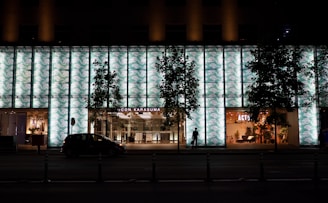 A modern building facade illuminated at night, featuring a grid of translucent panels with intricate patterns. Trees line the sidewalk in front, casting shadows on the pavement. A silhouetted figure walks by, and a parked car is visible on the street. Inside, warm lights from storefronts create a welcoming atmosphere.