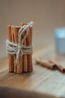Cinnamon sticks bundled with twine, resting on a soft cream fabric.
