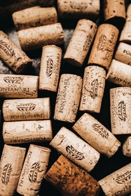 A collection of wine corks scattered across a surface, each stamped with the logo and name 'Casa Fontanari'. The corks vary in size, color, and texture, indicating they may have been used for different bottles of wine. The arrangement is casual, giving a sense of abundance and variety.