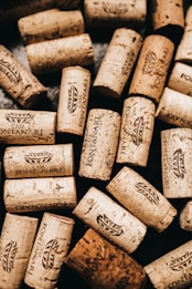 A collection of wine corks scattered across a surface, each stamped with the logo and name 'Casa Fontanari'. The corks vary in size, color, and texture, indicating they may have been used for different bottles of wine. The arrangement is casual, giving a sense of abundance and variety.