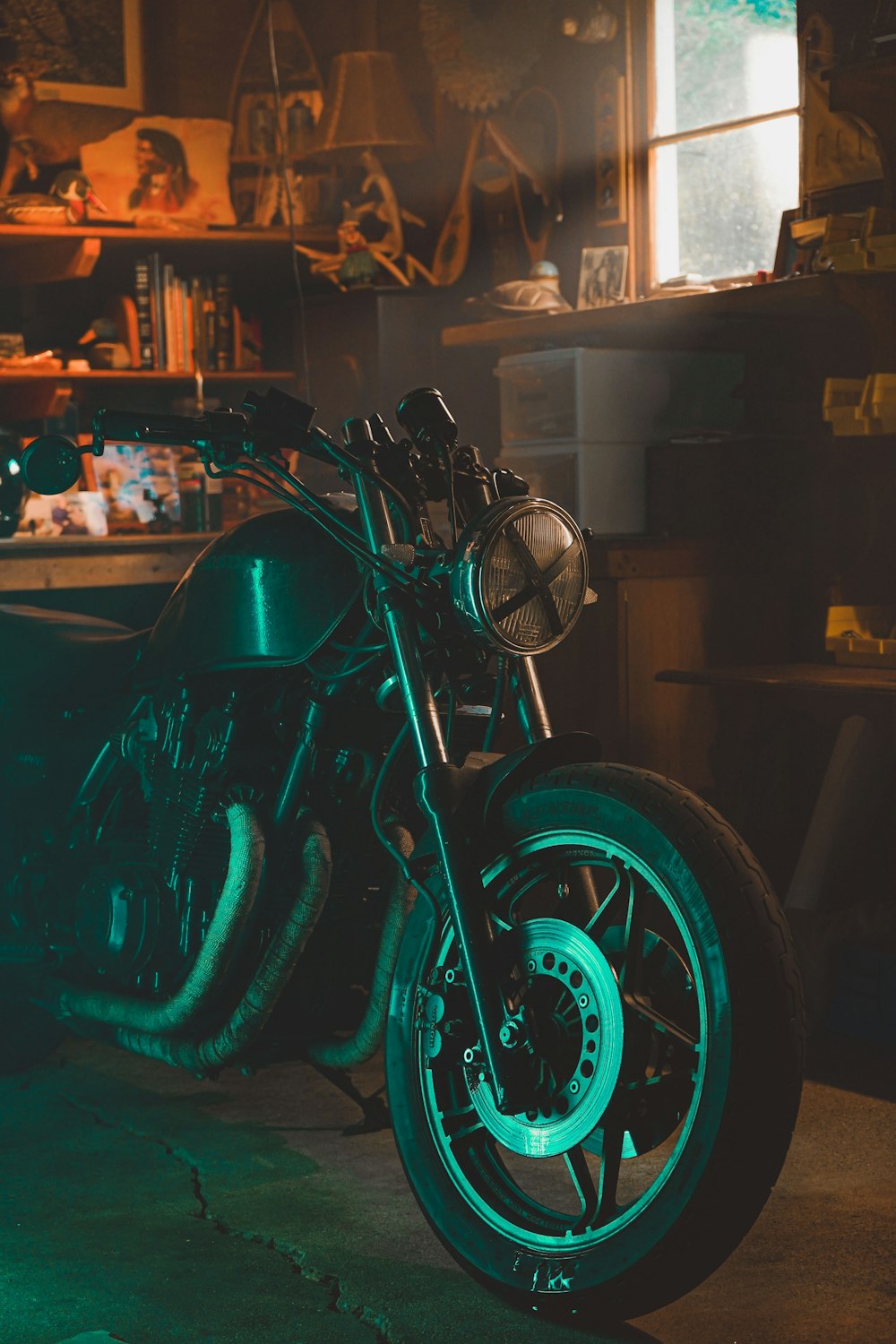 black and red motorcycle in front of store