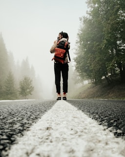 A lone traveler wearing a backpack stands on a foggy road surrounded by trees. The focus is on the person, who faces away from the camera, emphasizing the sense of solitude and exploration. The atmosphere is misty, with dense fog obscuring the background, creating a mysterious and adventurous mood.