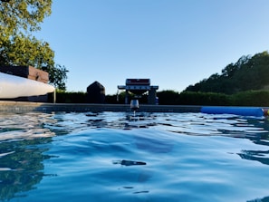 A serene view of the resort’s outdoor pool surrounded by lush greenery under a clear blue sky.