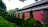 A traditional architectural wall with ornate roofing stands beside a row of manicured evergreen shrubs. The wall is painted in a deep red color, and tall green trees provide shade from above, casting dappled sunlight on the ground.