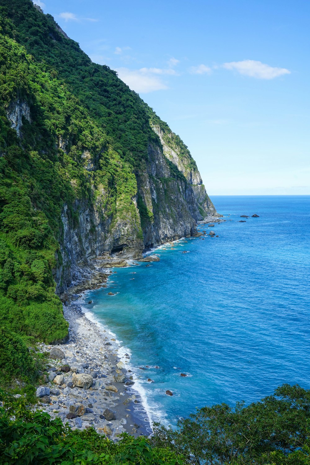 green and gray mountain beside blue sea under blue sky during daytime