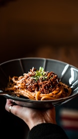 pasta dish on white ceramic bowl