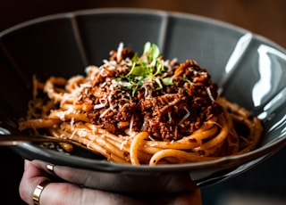 pasta dish on white ceramic bowl