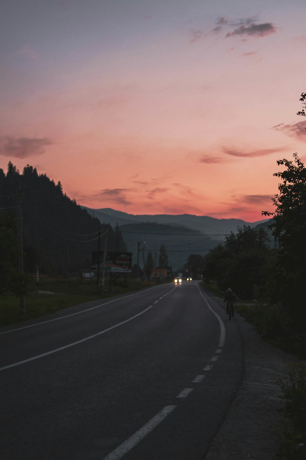 black asphalt road near green trees during sunset
