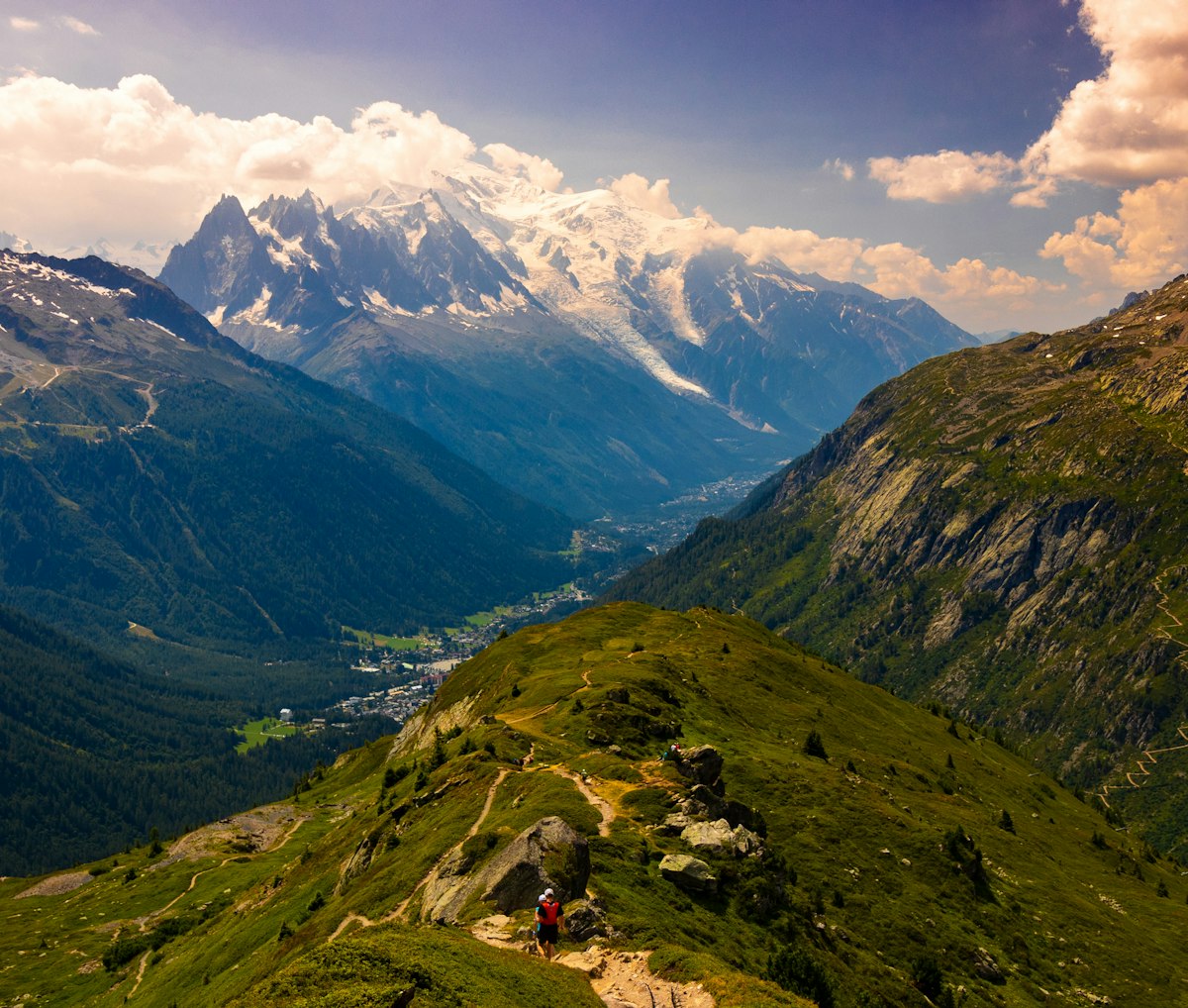 Runners on a green mountain trail under a blue sky