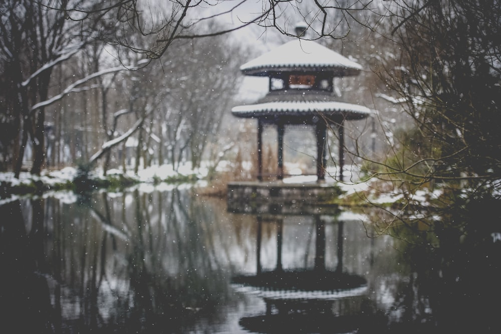 brown wooden gazebo on body of water during daytime