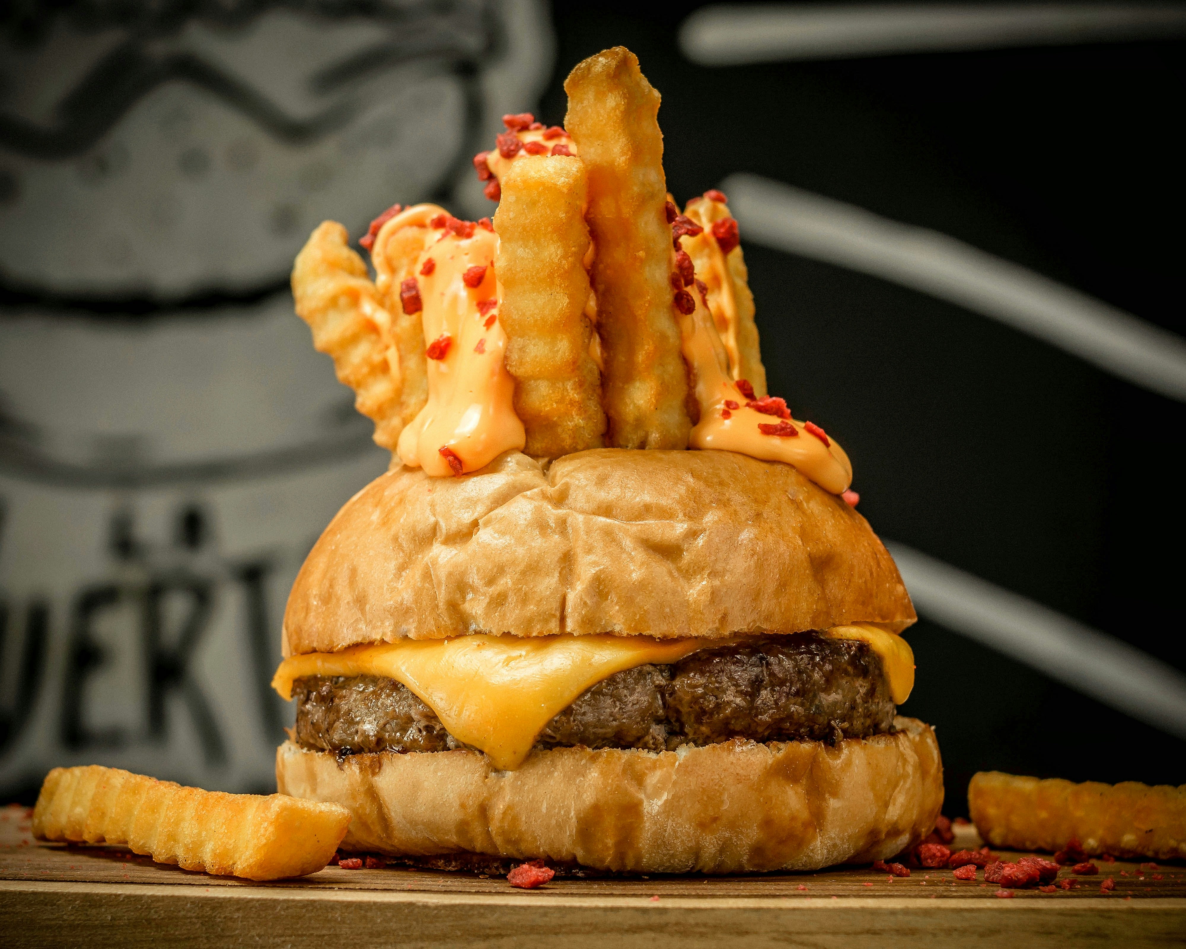Bacon cheeseburger topped with crinkle-cut fries