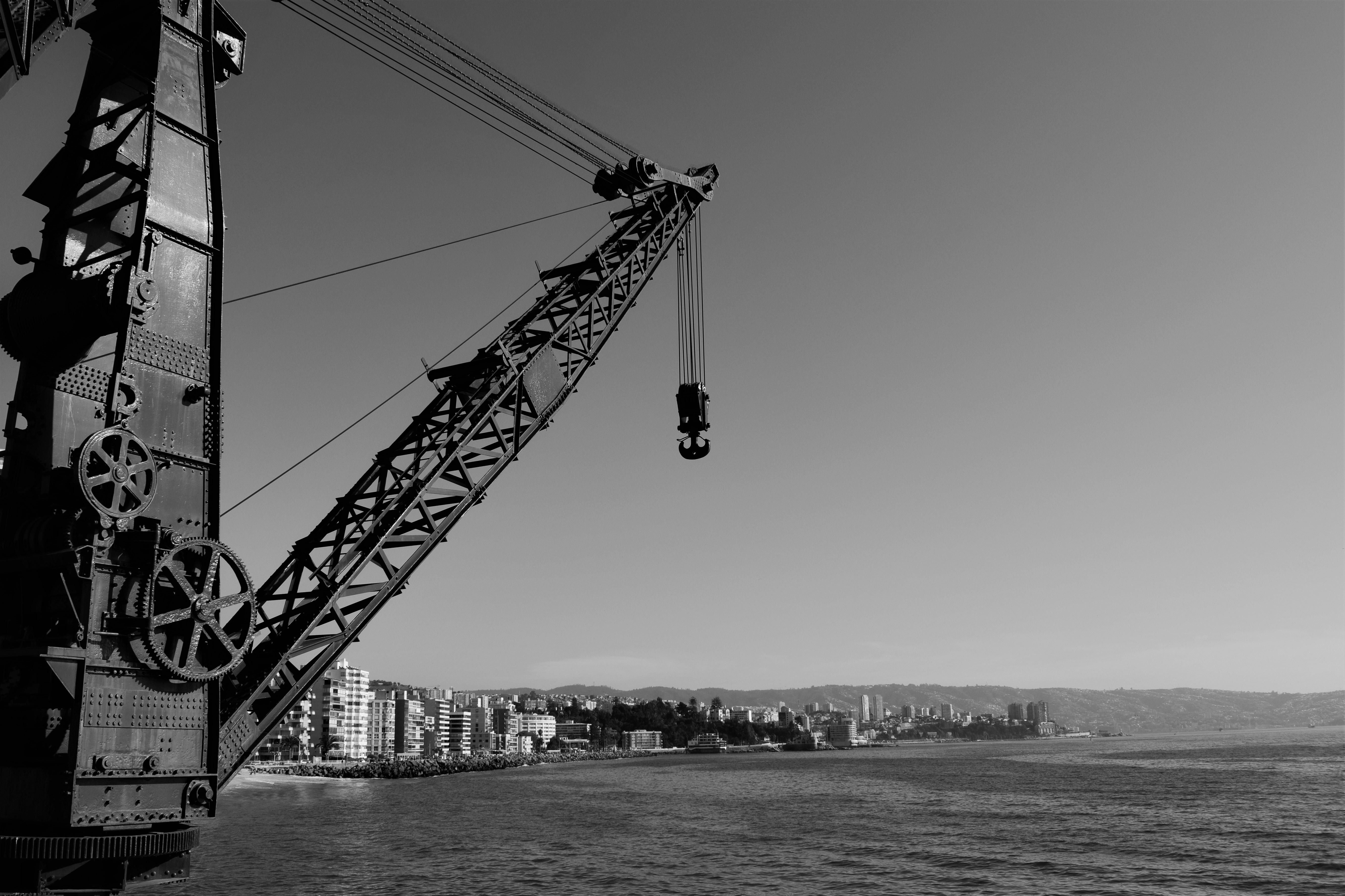 grayscale photo of crane near city buildings, 