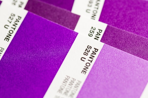 Close-up view of several Pantone color swatches, primarily in shades of purple and violet. The swatches are arranged diagonally, with some numbers and codes visible such as 528 U and 527 U.