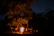 A smiling family seated around a campfire under a starlit sky next to a calm lake.