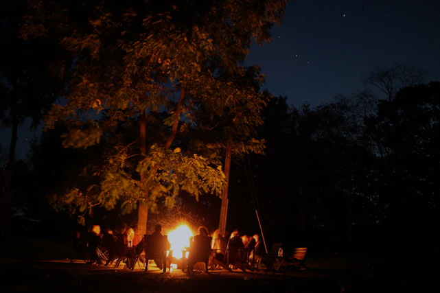 A warm campfire glowing under a starry night sky, inviting reflection and learning