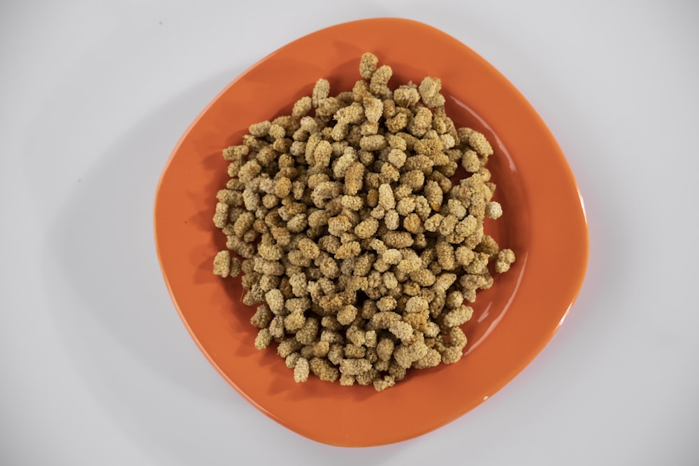 Cacahuètes brunes sur assiette en céramique rouge