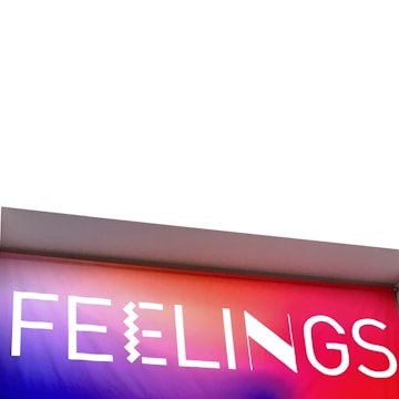 A sign with the word 'FEELINGS' in bold, uppercase letters. The background features a gradient of colors transitioning from blue at the bottom to red at the top, creating a vibrant and dynamic appearance.