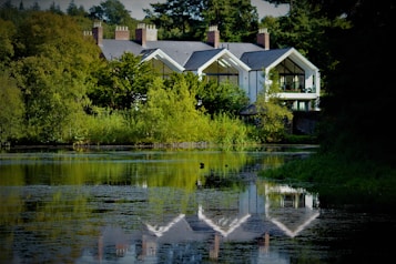 A serene landscape features a large, modern house nestled among lush greenery. The house boasts large glass windows and a reflective gray roof. A calm body of water in the foreground mirrors the building and surrounding trees, enhancing the tranquil atmosphere.